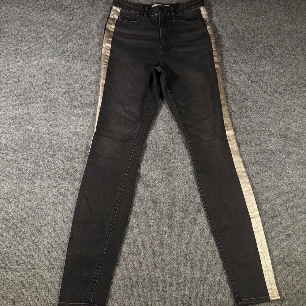Athleta Sculptek Skinny Jeans 8T Tall Black Gold Metallic Tuxedo Stripe Womens